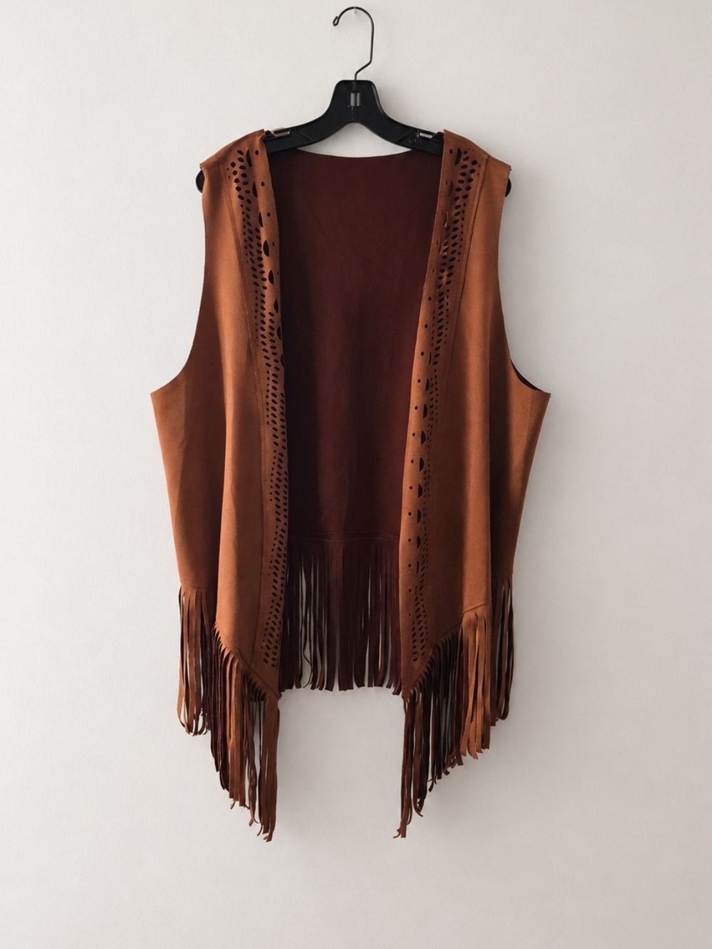 Fringe Suede Open-Front Vest - Brown